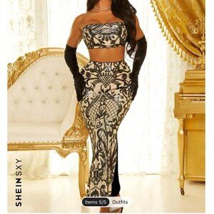 SHEIN SXY Skirt Set XS NWT Graphic Contrast Sequin Tube Top Mermaid Hem Sparkle